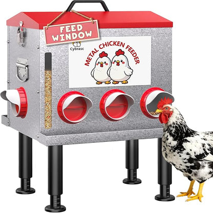 Cybrasc 10-Gal 55LB Metal Chicken Feeder with Window, Dual No-Waste & Rat-Proof Design, Automatic Large Chicken Feeder for Outdoor Coops, Rust-Proof Alloy Steel Poultry Feeder with Adjustable Legs