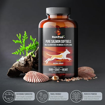 Best Paw Nutrition Pure Wild Alaskan Salmon Oil for Dogs & Cats Allergy, Dry Itchy Skin, Hotspots, & Joint Pain Relief 1000mg Softgels