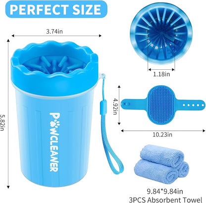 Professional 7 in 1 Dog Paw Cleaner for Dogs & Cats - Includes 1 Portable Paw Washer, 1 Bath Brush, 2 Dog Toothbrushes and 3 Absorbent Towels Note: Fits Paws 1.5 to 2.5 Inches Wide (Medium, Blue)