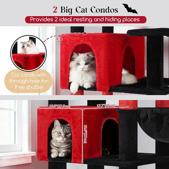 Globlazer Extra Large Gothic Cat Tree Tower, 82in Tall Goth Heavy Duty Cat Tree for Indoor Cats Large Adult Big Cat Tower with 8 Scratching Posts, 2 Condos, 2 Perches, 3 Basket Beds, S82, Red Black