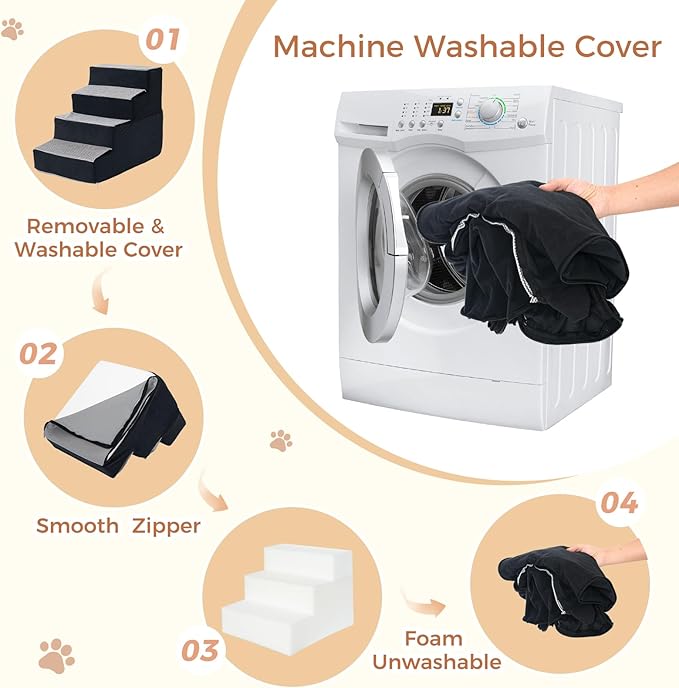 Dog Stairs for Small Dogs and Cats 18.5" H 4-Step Dog Steps for High Bed Couch and Sofa High-Density Foam Pet Stairs with Supporting Board Pet Steps with Non-Slip Bottom Washable Cover