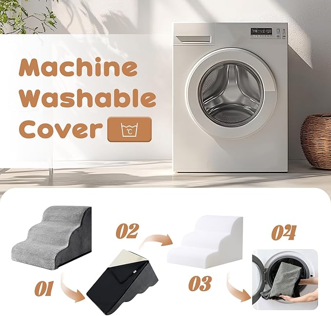 Dog Stairs for Small Dogs and Cats, 20" H 4 Steps Pet Steps Ramp for High Bed, Couch, Sofa, Waterproof Pet Stairs with Removable Washable Cover, Non-Slip Bottom, Light Gray