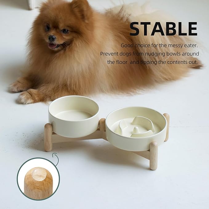 Ceramic 0.9 Cup Raised Slow Feeder Dog Bowl Set, Elevated 5.1inch Water Bowl and 6.1inch Puzzle Slow Pet Food Dish with Wooden Stand for Small Dog and Cat, Anti-Gulping (2 x Beige+ Stand)