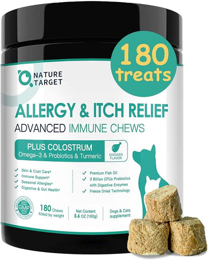 NATURE TARGET Dog Allergy Chews - Dog Allergy Relief, for Skin, Coat, Anti-Itch, Seasonal Allergies, Scratching, Pawlicking, 180 Freeze Dried Chews