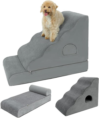 Dog Stairs for Small Dogs 24.6" H, 5-Step Dog Steps for High Bed, High-Density Foam Curved Pet Stairs with Non-Slip Removable Washable Cover to Get on Bed