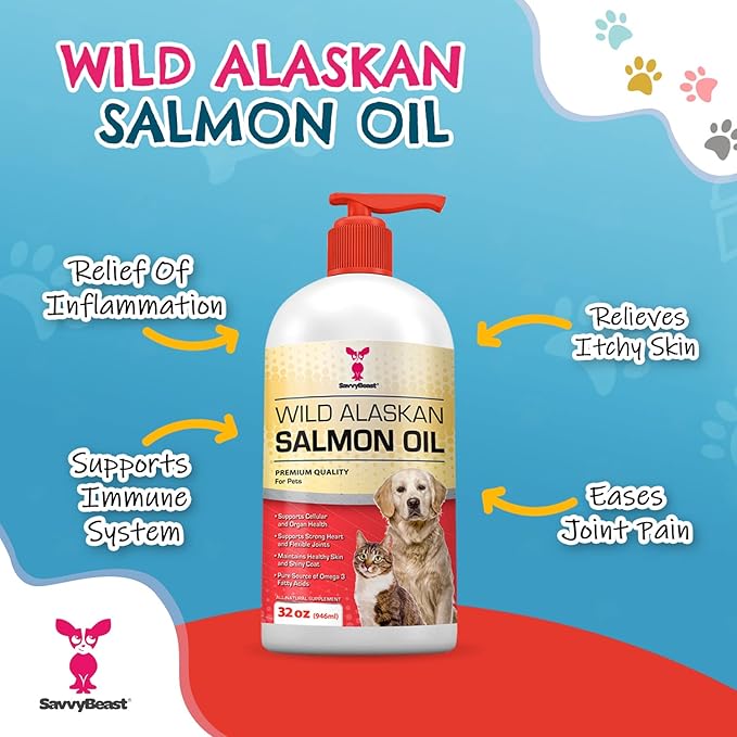 SavvyBeast Wild Alaskan Salmon Oil for Dogs, Cats & Ferrets – Omega-3 Fish Oil Pet Supplement with EPA & DHA – Supports Skin, Coat, Joints, Heart, Brain, Itch Relief & Immune – Unscented – 32 oz
