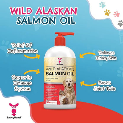 SavvyBeast Wild Alaskan Salmon Oil for Dogs, Cats & Ferrets – Omega-3 Fish Oil Pet Supplement with EPA & DHA – Supports Skin, Coat, Joints, Heart, Brain, Itch Relief & Immune – Unscented – 32 oz