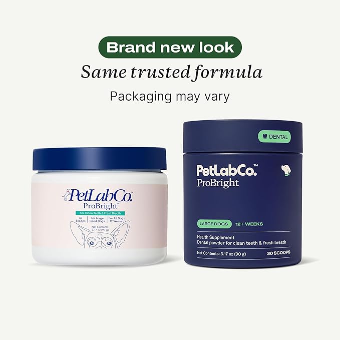 PetLab Co. ProBright Dental Powder - Dog Breath Freshener - Teeth Cleaning Made Easy – Targets Tartar & Bad Breath - Formulated for Large Dogs - Packaging May Vary