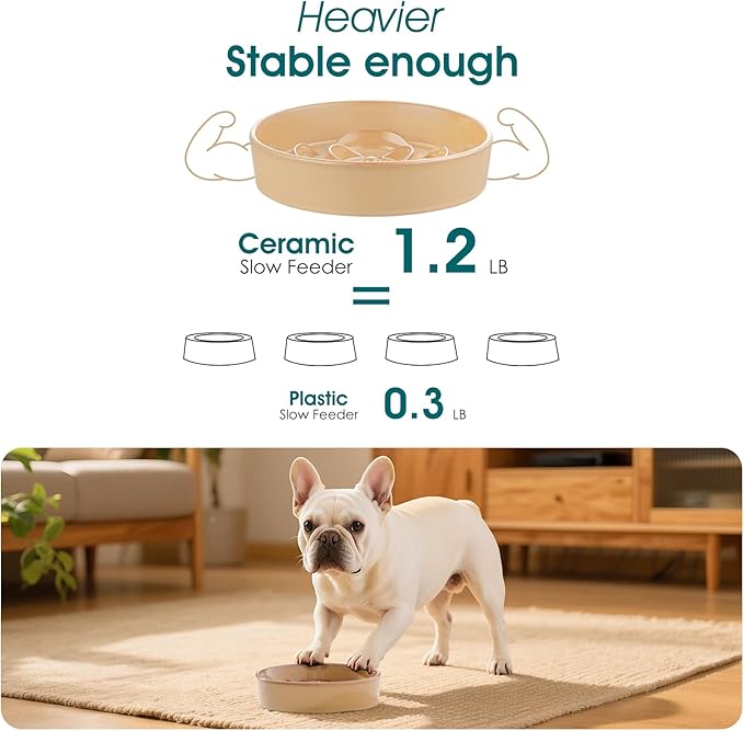 vancasso Slow Feeder Dog Bowl, 0.6 Cups Ceramic Dog Food Dish for Fast Eaters Small Breed, Puzzle Bowl for Small Dogs and Cats, Khaki
