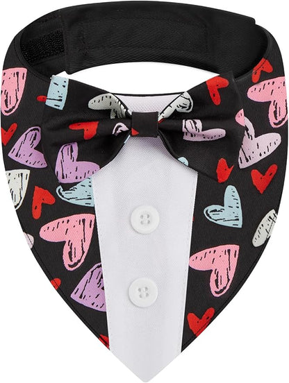 HDGDT Valentine Dog Tuxedo Bandana with Bow Tie, Adjustable Tuxedo Style Heart Pattern Pet Costume for Dogs, XS to XL
