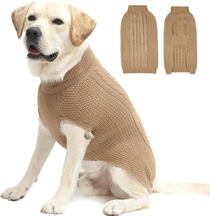 XXL Dog Sweater, Classic Cable Knit Warm Dog Sweatshirt with Reflective Yarn for Girl Boy, Halloween Fall Winter Coat Turtleneck Pullover Clothes Apparel for Small Medium Large Dogs, Khaki XXL