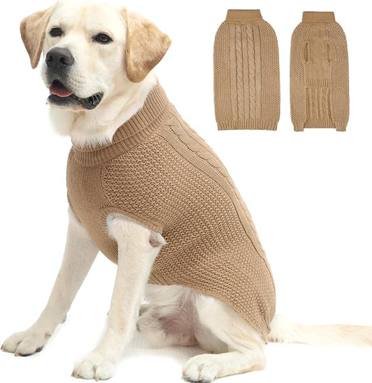XL Dog Sweater, Classic Cable Knit Warm Dog Sweatshirt with Reflective Yarn for Girl Boy, Halloween Fall Winter Coat Turtleneck Pullover Clothes Apparel for Small Medium Large Dogs, Khaki XL