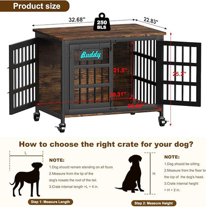 EasyCom 33"/27" Dog Crate Furniture with Name Tag, Heavy Duty Dog Kennel Indoor for Medium and Small Dogs, Double-Doors Sturdy Metal Dog Cage, Decorate House as TV Stand, End Table, Bedside Table