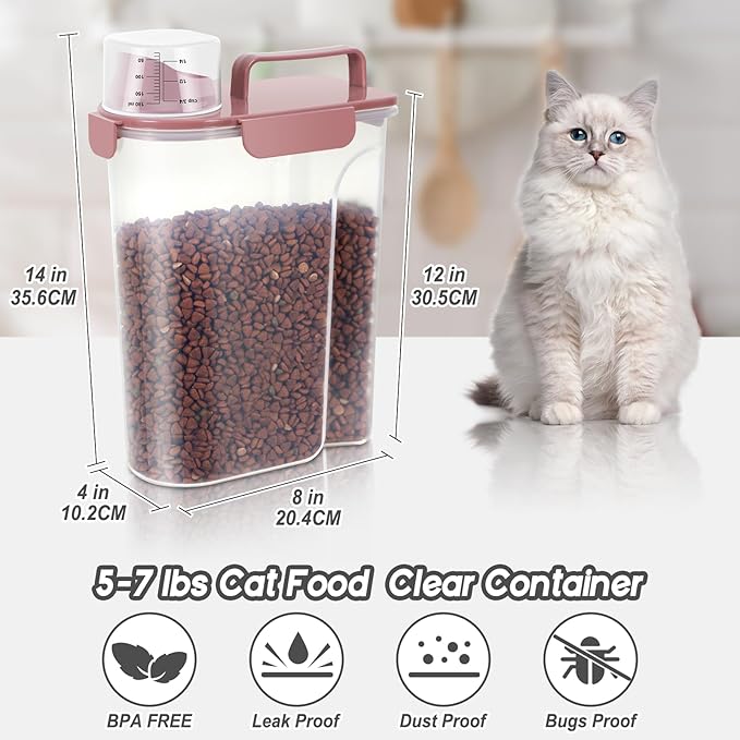 5-7Lbs Cat Dog Storage Container, Portable Pet Food Containers with Upgraded Large Spout and Cup, Small Animal Kibble Dispenser for Bird Seed, Oatmeal, Rice, Flour (1, Pink, 5L)