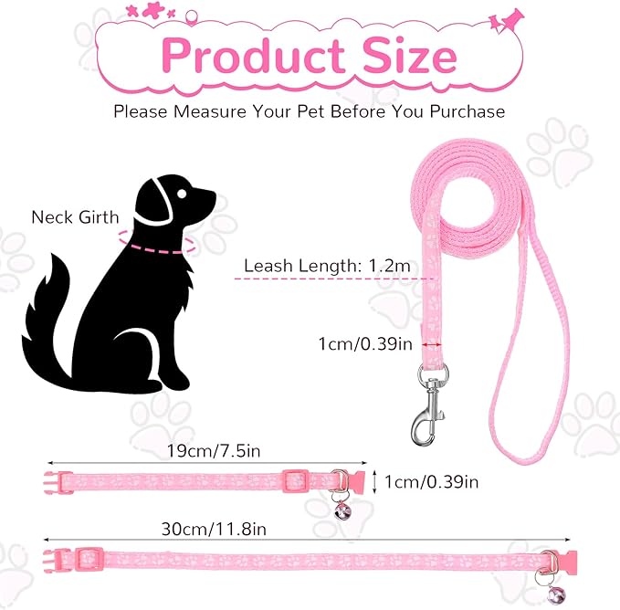 3pcs Puppy Collar and Leash Set with Bell, Adjustable Collar and Leash for Small Dogs, Paw Print Collars for Puppy Small Dogs & Tiny Kitten (Purple, Pink, Blue)