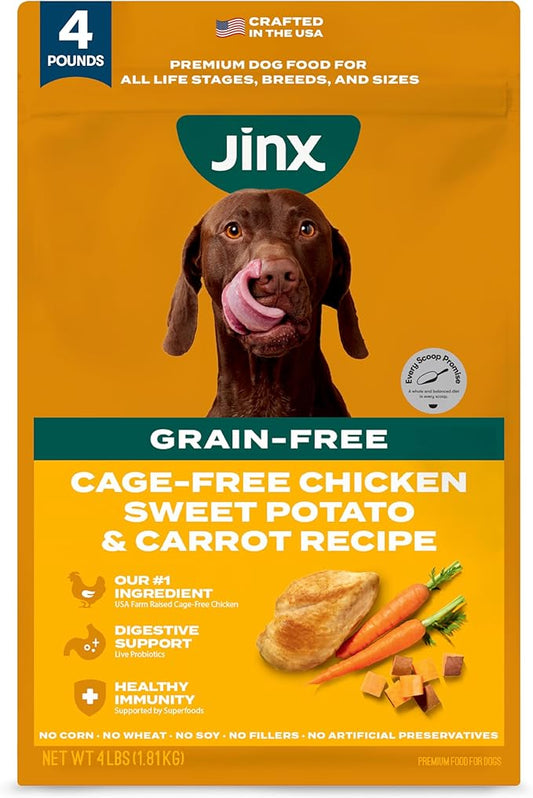 Jinx Premium Grain-Free Dry Dog Food, for All Lifestages - Real Chicken, Sweet Potato & Carrot Kibble with Superfoods for Immune Support & Probiotics for Digestive Support - No Fillers - 4lb