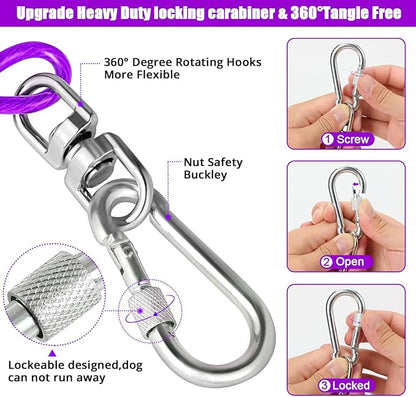 jenico Dog Tie Out Cable, 10/15/20/30/40/50/70/100/150FT Runner Cable with Swivel Hook and Shock Spring, Dog Leash Run Tether for Yard Outdoor and Camping,for Small to Medium Pets Up to 500 LBS
