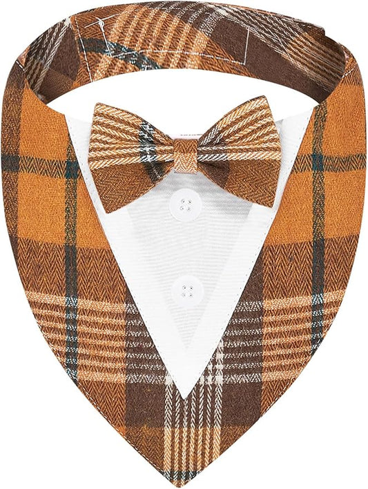 Fall Dog Tuxedo Bandana, Orange Plaid Pet Collar with Bowtie, Adjustable Halloween Thanksgiving Dog Tux Costume for Small Medium Large Pets