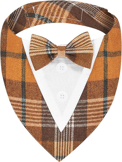 Fall Dog Tuxedo Bandana, Orange Plaid Pet Collar with Bowtie, Adjustable Halloween Thanksgiving Dog Tux Costume for Small Medium Large Pets