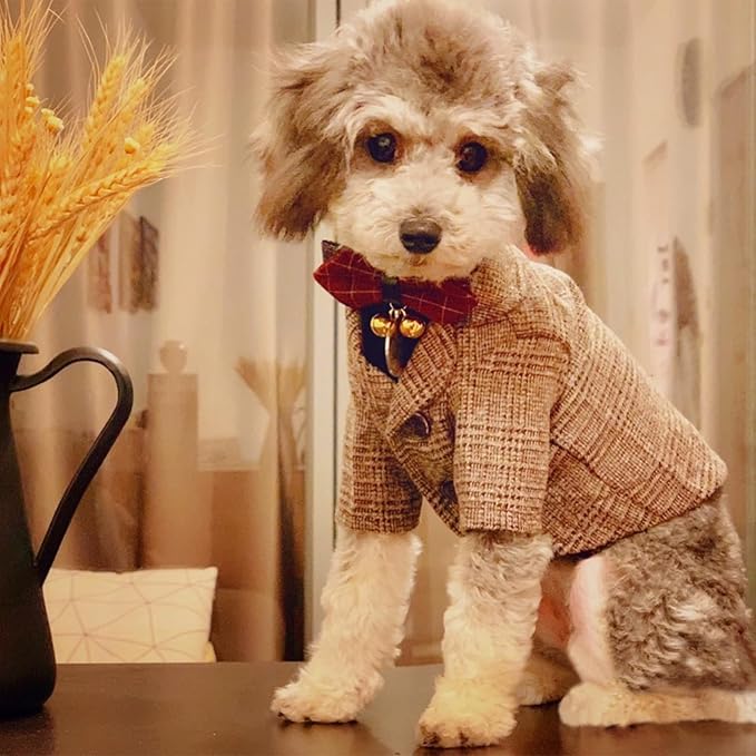 Dog Clothes Pet Plaid Suit Dog Tuxedo Costumes, Formal Gentleman Apparel Vest, Wedding Party Birthday Wear French Bulldog Pug Teddy Terrier (XXL, Brown Coat)