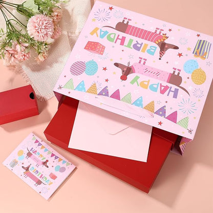 Fukaisu Large Dog Birthday Favor Bags, 13" Dachshund Happy Gift Bags with Card Tissue Envelopes for Dog Birthday Party Decoration