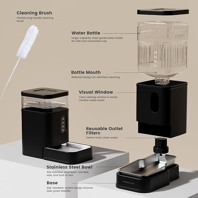 Gardner Pet 2.2 Gallon Automatic Dog Water Bowl Dispenser 8.5L Gravity Water Feeder with Stainless Steel Bowl & Maifan Stone Filter, BPA-Free for for Cats and Dogs (Black, 2.2 Gallon)