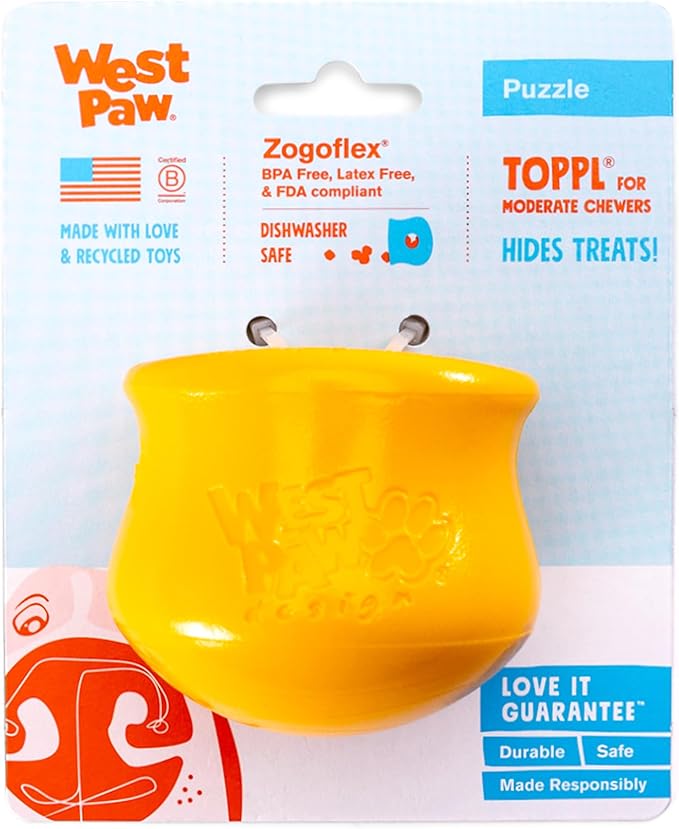 WEST PAW Toppl Durable Dog Treat Puzzle Toy for Small to Medium Dogs- Engaging Interactive Chew Toy for Mental Stimulation, Slow Feeding- Quarter Cup Capacity - Sunflower Yellow, Small
