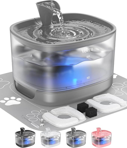 Veken Cat Water Fountain with Detachable Tank, Easy to Clean & Assemble, 84oz/2.5L Pet Drinking Dispenser with Quiet Operation & LED Light, Gifts for Christmas, Cats, Dogs and Small Pets, Grey