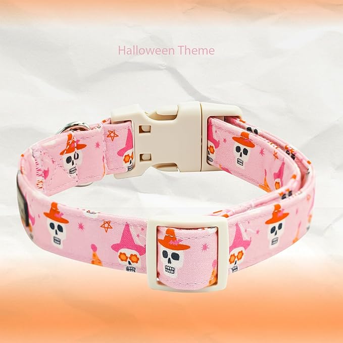 Elegant little tail Halloween Dog Collar, Skull Print Pink Halloween Pet Collars Cotton Soft Sturdy Puppy Collars Holiday Female Adjustable Collar for Small Dogs