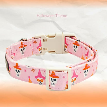 Elegant little tail Halloween Dog Collar, Skull Print Pink Halloween Pet Collars Cotton Soft Sturdy Puppy Collars Holiday Female Adjustable Collar for Small Dogs