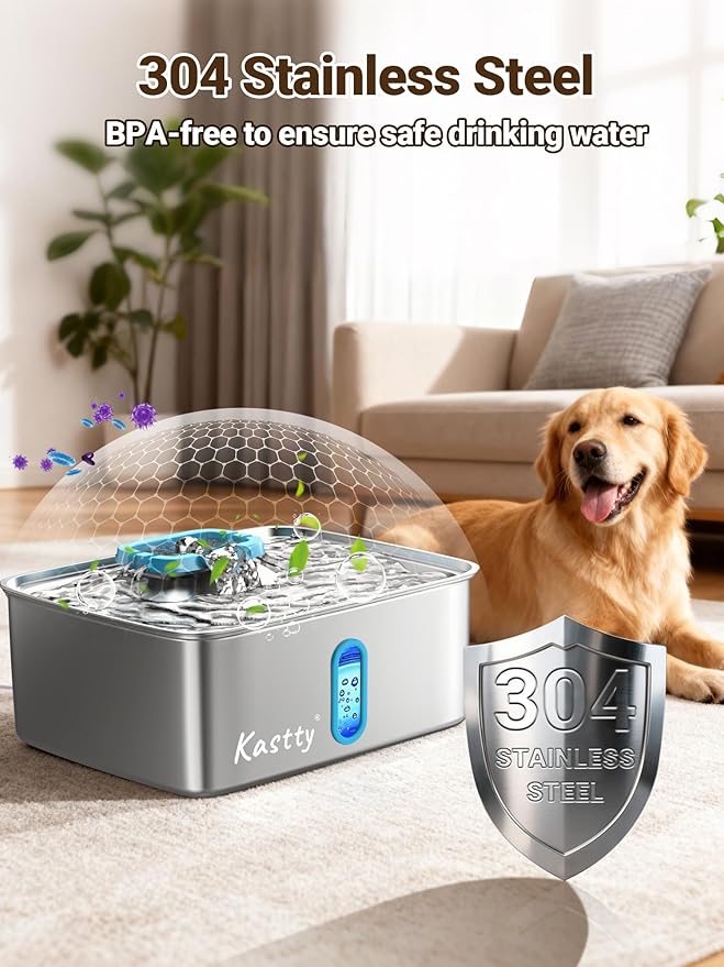 Kastty 15L/3.96 Gal Large Capacity Dog Water Bowl Dispenser,Stainless Steel Dog Water Fountain Quiet LED Light Triple Filtration Dog Water Bowl, Automatic Pet Water Fountain Easy Cleaning Blue FS78