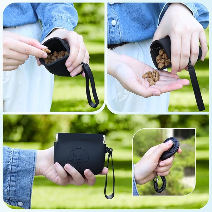 WALLFID Silicone Dog Treat Pouch, Auto Closure, with Pet Training Clicker, Walking Bag for Dog and Cat, Pocket Size, Easy to Clean, Odorless, Travel Bag (Black)