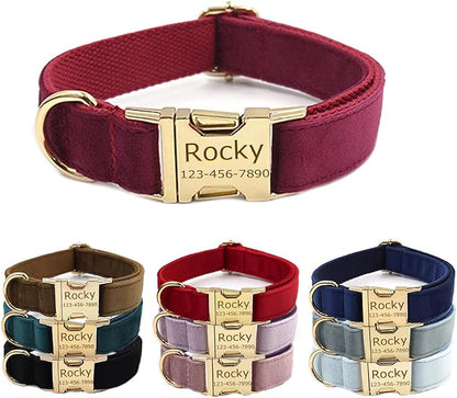 Personalized Velvet Dog Collars with Pet Name Phone Number Engraved, Custom Adjustable Soft Collar with Metal Buckle for Small Medium Large Dogs, Dog Leash and Bow Tie Available -Claret