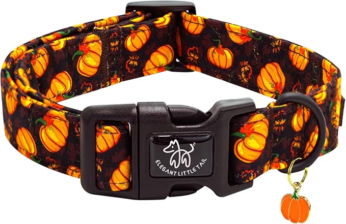 Elegant little tail Halloween Dog Collar, Pumpkin with Maple Leaf Print Fall Pet Collars Cotton Soft Sturdy Puppy Collars Holiday Female Adjustable Collar for X-Small Puppy