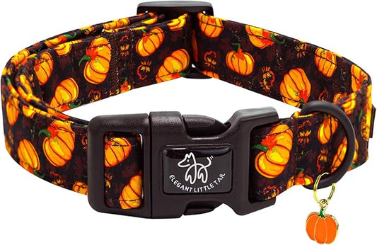 Elegant little tail Halloween Dog Collar, Pumpkin with Maple Leaf Print Fall Pet Collars Cotton Soft Sturdy Puppy Collars Holiday Female Adjustable Collar for X-Small Puppy