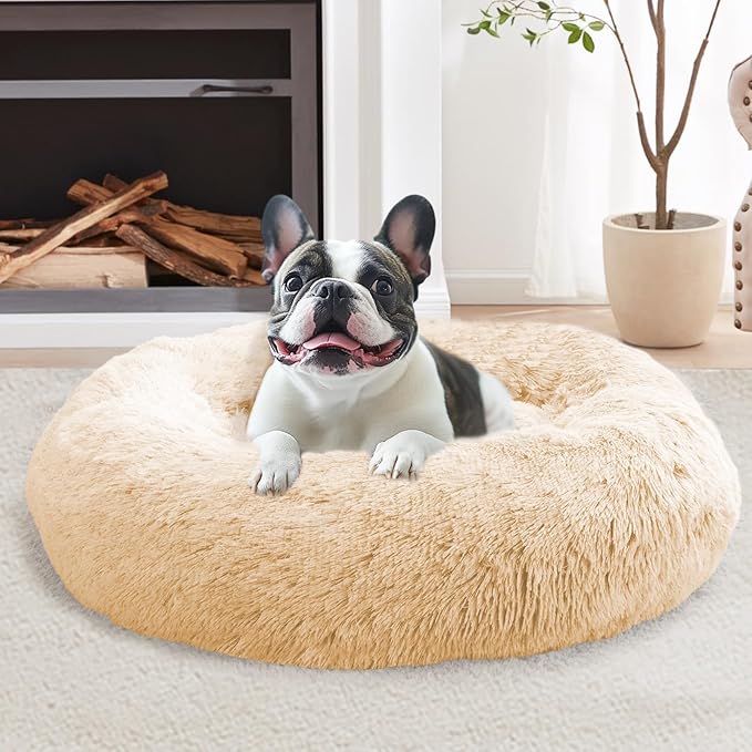 JOLLYVOGUE Small Dog & Cat Beds for Indoor Cats, Donut Cuddler Warming Soft Dog Beds with Anti-Slip Bottom, Round Calming Fluffy Plush Faux Fur Cushion Bed for Large Dogs (36", Off White)