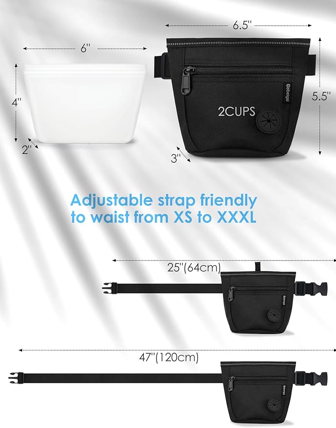 Gobeigo【Silicone Insert Bag Version】Dog Treat Pouch and Training Clicker, 2 Pair Magnetic Closure, 2 Cup Walking Fanny Pack with Poop Bag Dispenser, Metal Belt Clip &Waist Strap