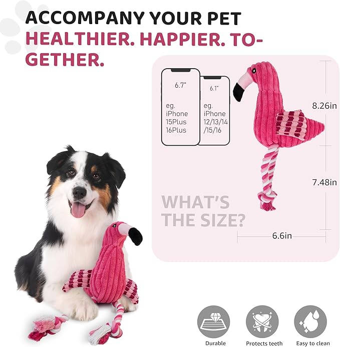 Squeaky Dog Toys - Plush Dog Toys with Soft Durable Fabric for Small Medium Large Breeds, Interactive Tug of War Rope Chew Toys, Teeth Cleaning, Dental Care, and Keep Dogs Busy (Flamingo-Red)