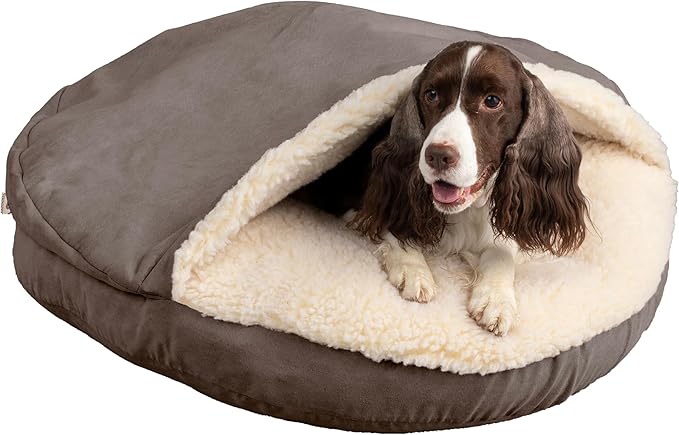 Snoozer Cozy Cave Dog Bed - Indoor Dog Bed with Cover Cave, Covered Calming Burrow for Small & Medium Sized Pets with Blanket Attached, Enclosed, Removable Washable Cover - Large, Dark Chocolate