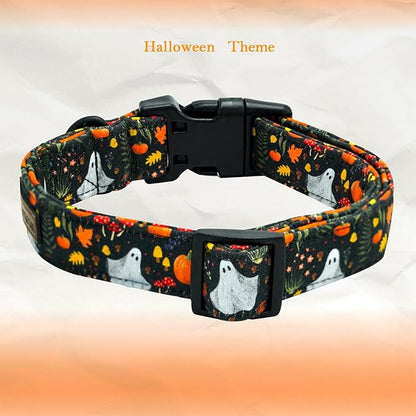 Elegant little tail Halloween Dog Collar, Pumpkin with Ghost Print Black Halloween Pet Collars Cotton Soft Sturdy Puppy Collars Holiday Female Adjustable Collar for Medium Dogs