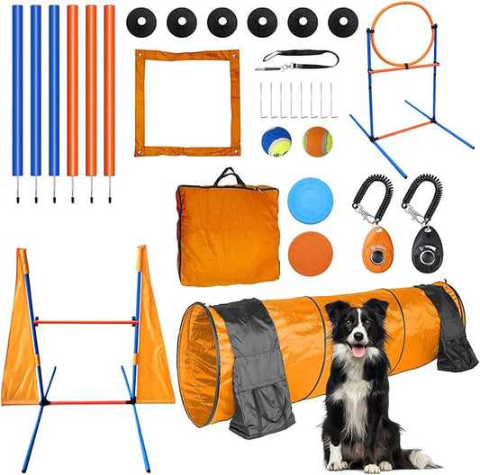 Premium Dog Agility Training Set Outdoor Indoor Game, Tire Jump + Hurdle Jump, Tunnel, Weave Poles, Pause, 2 Toy Balls, 2 Discs, 1 Whistle, 1 Bag, 2 Training Clicker Backyard Dog Obstacle Course Kit