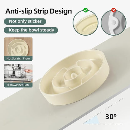 Ceramic 1.6 Cup Raised Slow Feeder Dog Bowl Set, Elevated Wooden Stand for Medium and Large Dog, 8.2inch Puzzle Slow Dish, Anti-Gulping(Beige, Single Bowl+ Stand)