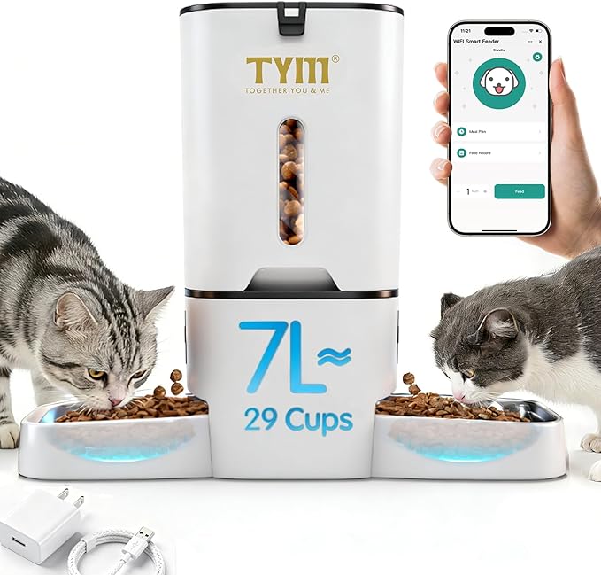 TYM Dual Automatic Cat Feeder 2 Cats, 7L Timed Cat Food Dispenser for Multiple Pets, Double Auto Dog Feeder with Slow Feed, WiFi Programmable Feeders Smart App Control, Steel Double Bowls Easy Clean
