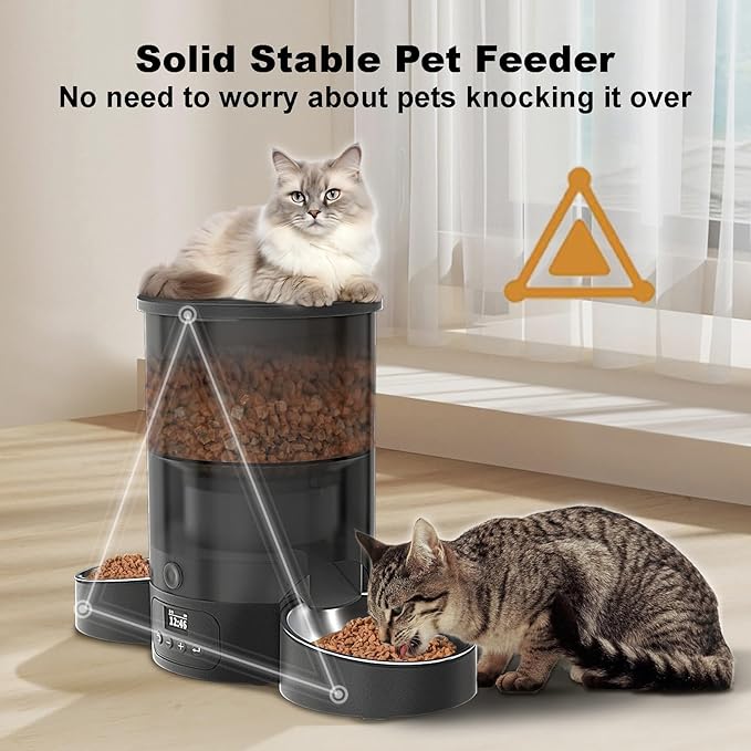 Automatic Cat Feeder for 2 Cats, 3L Food Dispenser SURDY Auto Cat Feeder with 2 Stainless Bowls (Black, 3L)