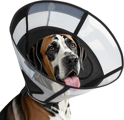 Soft Dog Cone Collar for Large Dogs, Mesh Windows Transparent E Collar for Dog, Anti-Bite Lick Wound Healing After Surgery Neuter Safety Practical Comfy Plastic Cone Black XXL