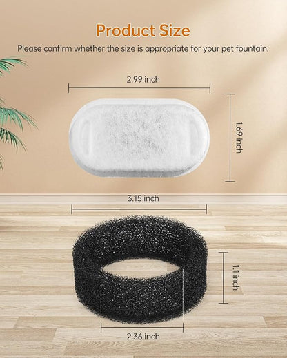 Cat Water Fountain Filter, Filters Replacement for 108Oz/3.2L&67Oz/2L&135Oz/4L Stainless Steel Pet Water Drinking Fountain, Dog Indoor Water Dispenser Fountain Carbon Filter (8 Filters & 8 Sponges)
