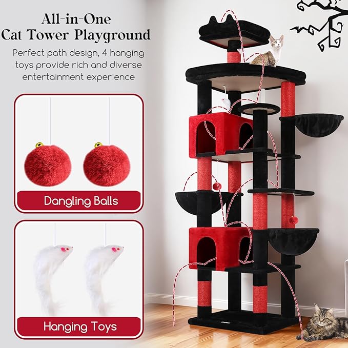 Globlazer Extra Large Gothic Cat Tree Tower, 82in Tall Goth Heavy Duty Cat Tree for Indoor Cats Large Adult Big Cat Tower with 8 Scratching Posts, 2 Condos, 2 Perches, 3 Basket Beds, S82, Red Black