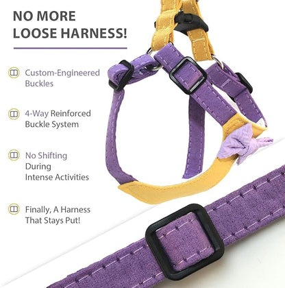 Small Dog Harness with Leash and Bow Tie, Cute Breathable Puppy Harness Easy for Walking, No Pull No Choke Escape Proof Pet Harness, Yellow & Purple XS