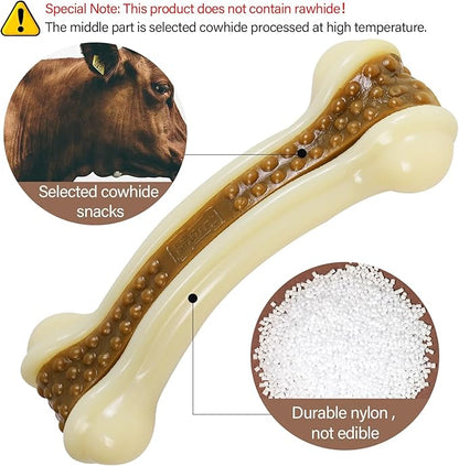 Dog Bones for Aggressive Chewers, 2 Pack Real Beef Flavor Puppy Teething Toys for Medium/Small Breeds, Nylon Durable Dog Chew Toys