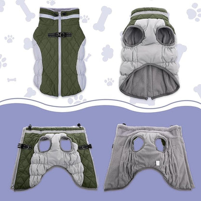 Lelepet Dog Coat Warm Dog Winter Coat Waterproof Dogs Jacket with Harness Built in Reflective Pet Fleece Vest Zip-Up Cold Weather Coats for Large Dogs Turtleneck Windproof Boston Terrier Army Green L